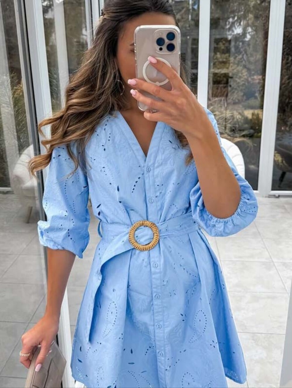 Zara Baby Blue Cotton Belted Dress Size M
